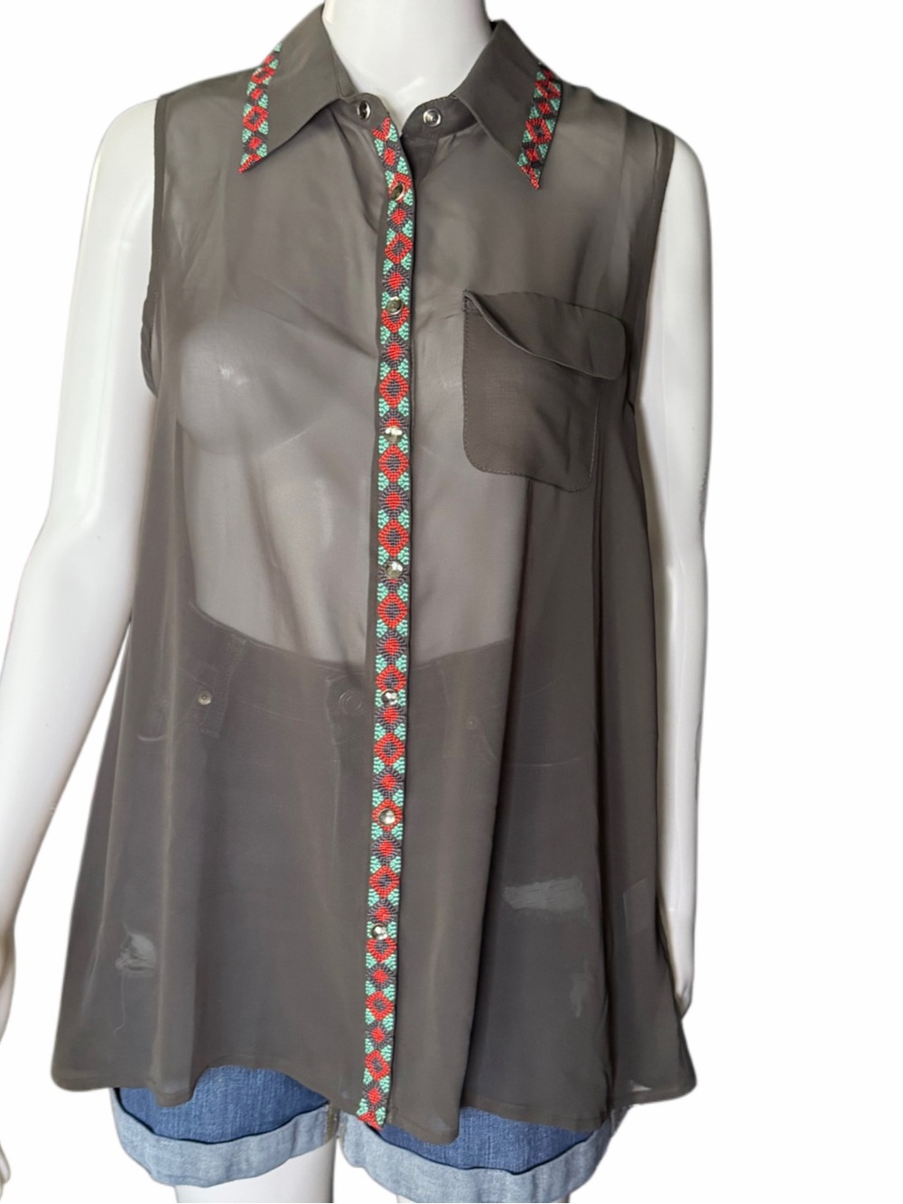Cowgirl Up Sheer Western Top Womens Sleeveless Embroidered Snap Button Blouse